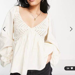 ASOS DESIGN V-neck Crochet Top with Frill Sleeve and Peplum Hem